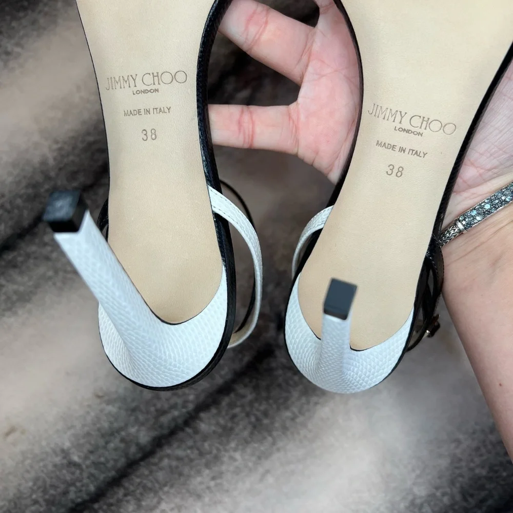 Jimmy Choo Minny 85 mm Lizard Mini Printed Leather Black White Mix Sandal Heels - Picture 8 of 12